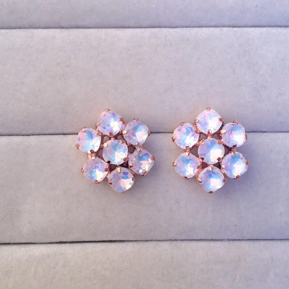 White Opal Aurora Borealis + Rose Gold Crystal Flower Earrings